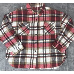 Plaid Flannel Shacket Womens XXL Soft Fleece Button Overshirt Thick Red‎ Cream